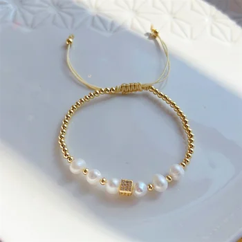 KKBEAD Luxusné Zirconia Kúzlo Náramok Šperky pre Ženy, Prírodné Perly Náramky Pozlátené Korálky Pulseras Valentines Day Darček