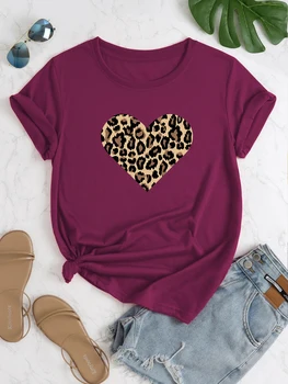 Plus Veľkosť Leopard Srdca Tlače Krátky Rukáv Pulóver T-tričko, dámske Plus Mierne Úsek okolo Krku Bežné Čaj