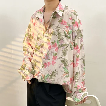 Letné Kvetinové Tričko pánske Dlhý Rukáv Dizajn kórejský Štýl, Havajský Štýl Vešať Účinok Tričko Kabát T Shirt Mužov Oblečenie
