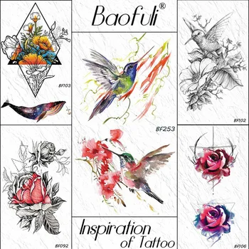 BAOFULI Kolibrík Kvet, Listy, Dočasné Tetovanie Nálepky Akvarel Atrament Lietať Tetovanie Farebné Body Art Rameno Ženy Falošné Tetovanie