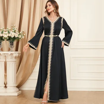 Luxusné Maroko Výšivky Na Blízkom Východe Večerné Šaty Moslimských Roe Kaftan Abaya Svetlice Dlhé Rukávy Pás Elegantné Dubaj Party Šaty