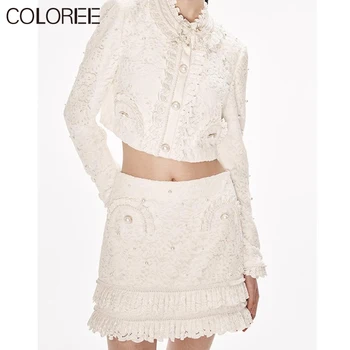 Luxusné Dizajnér Jeseň Oblečenie Žien 2023 kórejský Módne Elegantné Biele Čipky Hore a Sukne 2 Ks Súpravy Oblečenie Roupas Feminina