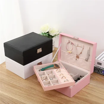 Nový Jednoduchý Double-layer High-capacity Šperky skladovací Box So Zámkom, Drevené PU Kožené Šperky, Náušnice, Šperky Box