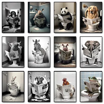Vtipné Kúpeľňa Zvierat Wall Art Decor Medveď, Pes, Tiger Sedí na Záchode Čítať Noviny Tlač Plagátov Plátno na Maľovanie WC Dekor