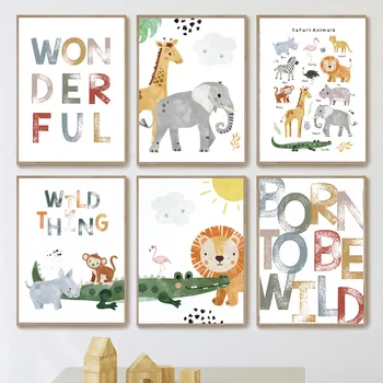 Lev, Žirafa, Slon Jungle Zvieratá Škôlky Nordic Plagáty A Tlačí Na Steny Umelecké Plátno Maľovať Obrázky Baby Detská Izba Decor