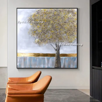 Veľká veľkosť Textúry Ručne Maľované Nástenné art Obraz Abstrakt krajiny Zlatý Strom olejomaľba na Obývacia izba domova č rámovanie