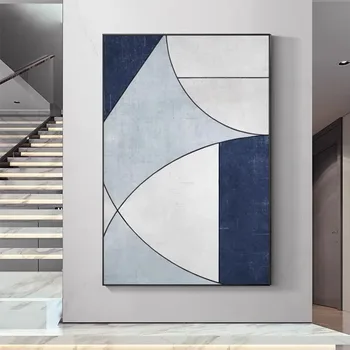 Ručne vyrobené Nordic Jednoduché Geometrické Modrá Farba Blok Abstraktnú olejomaľbu Wall Art Plagát Na Obývacia Izba Plagát Spálňa Decor