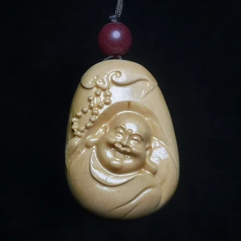 Čínsky krušpán Ručne vyrezávané Šťastný Maitreya Sochu Budhu Amulet Haversack náhrdelník netsuke zdobené Darček