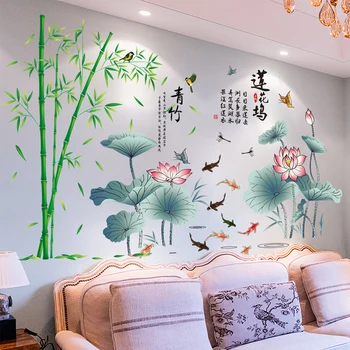 Čínsky Štýl, Zelený Bambus Samolepky na Stenu Lotus Spálne, Obývacia Izba Gauč TV Pozadí Steny Výzdoba Miestnosti Maľovanie Odtlačkový Tapety