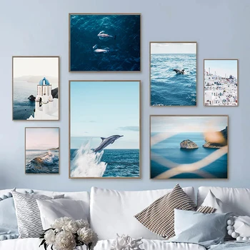 Deep Sea Blue Whale Skok Plagáty Pobreží Lighthouse Reef Hrad Plátno Na Maľovanie Nordic Moderná Obývačková Stena Art Decor Obrázky