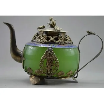 Tibetský Zdobené strieborné Handwork Jade & Tibete Striebro Dragon Tea Pot Opice Veko doprava nástroje svadobné Dekorácie Mosadz