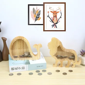 Kreatívne drevené zvierat prasiatko malých zvierat, dinosaurov transparentné prasiatko deti cartoon zvierat mince prasiatko