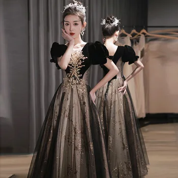 Čierne večerné šaty svetlo luxusné menšiny na výročnej schôdzi francúzsky Hepburn štýl princezná šaty hosť dospelých šaty formálne šaty dlhé