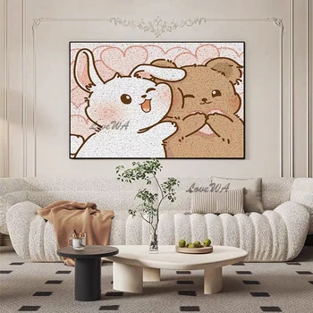 Roztomilý Kreslený Zajac A Medveď Ručné Plátno Olejomalieb Veľkých Bytového Zariadenia, Dekorácie Na Stenu Obrázok Pre Spálne