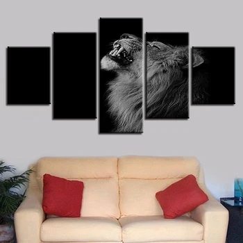 Domov Wall Art Decor Plátno HD Vytlačí Plagát 5 Kusov Lev Maľovanie Obývacia Izba Modulárny Zvierat Čierne A Biele Obrázky Rámec