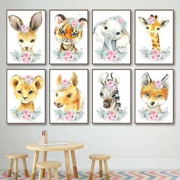 Kvet Žirafa, Zebra, Slon Králik Fox Škôlky Wall Art Plátno Maľovaní Plagátov A Vytlačí Na Stenu Obrázky Baby Girl Izba Dekor