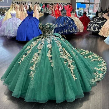 Luxusné Vestido De 15 Años 2023 Zelená Quinceanera Šaty Čipky Nášivka Mexickej Dievčatá Narodeniny Prom Šaty Kvetinový Sprievod šaty